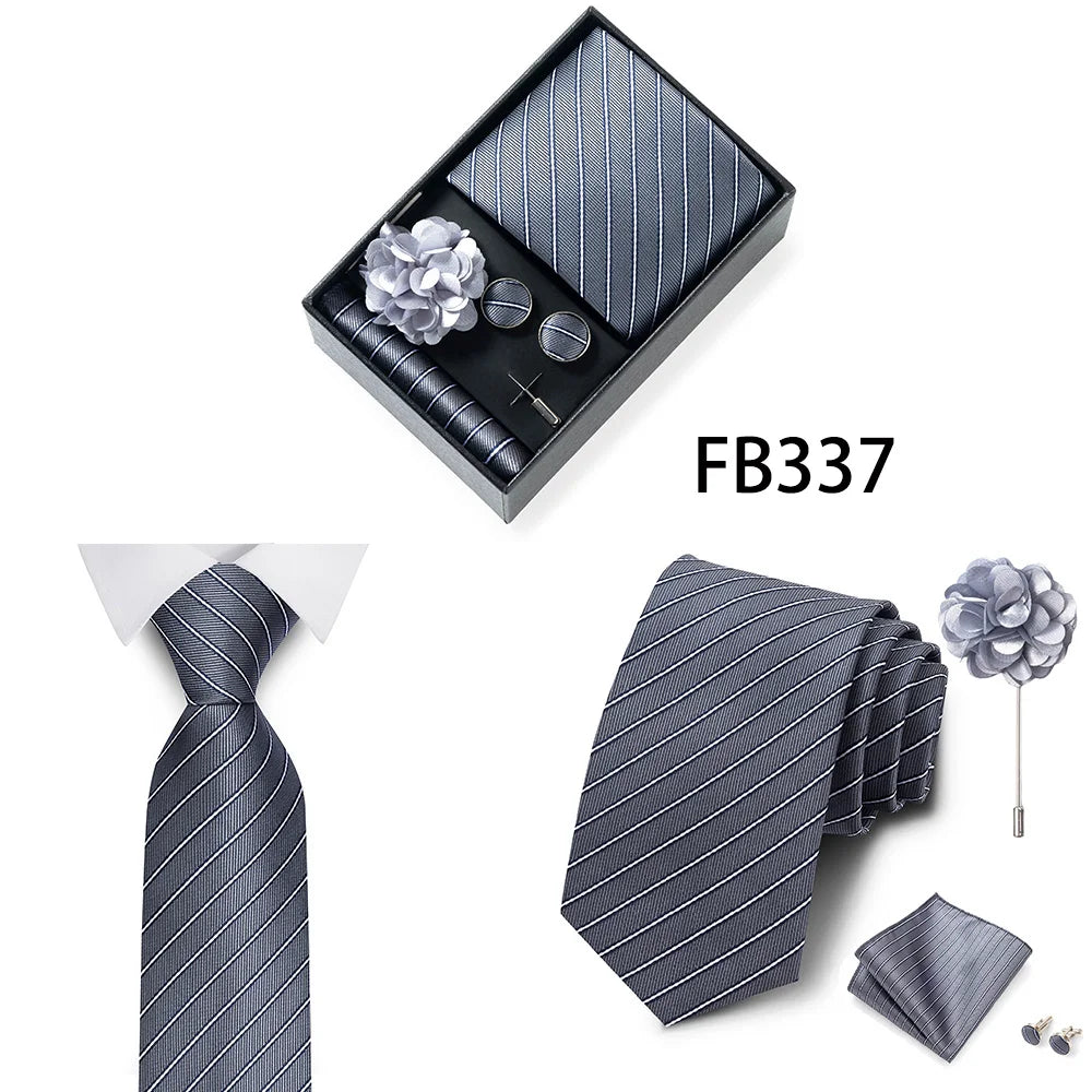Luxurious Fashion Gift Box Men 8 cm Tie Sets Necktie Handkerchief Cufflinks Clip Brooch Set Golden Print Fit Wedding