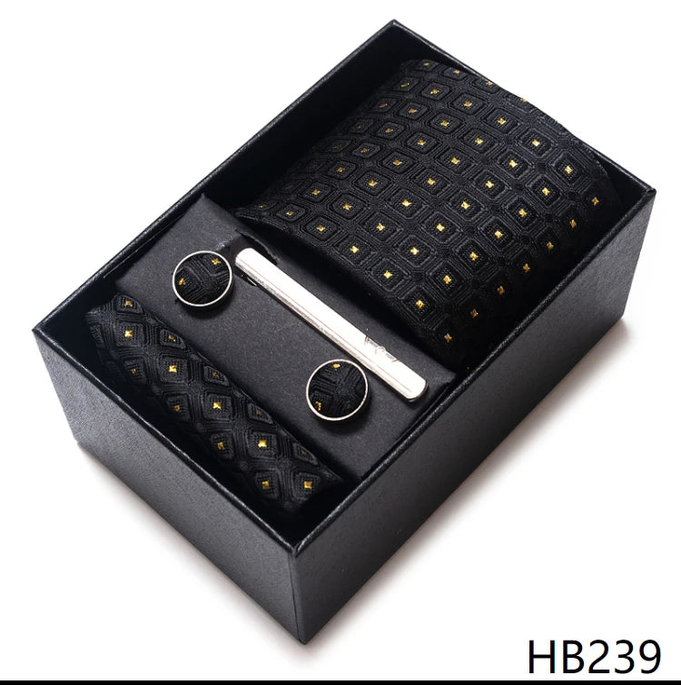 Hot Sale 8 cm Wide Tie Sets Blue Solid Men's Neck Tie Handkerchief Cufflinks Clip Box Wedding Gift Silk Handmade