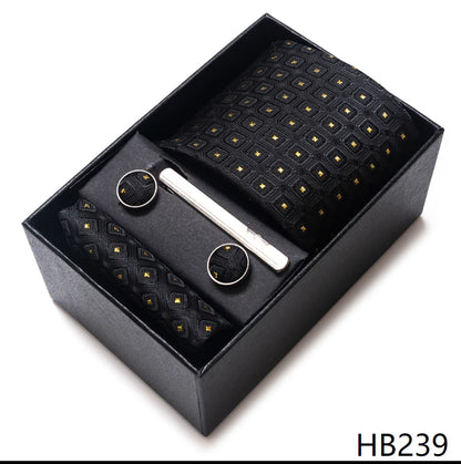 Hot Sale 8 cm Wide Tie Sets Blue Solid Men's Neck Tie Handkerchief Cufflinks Clip Box Wedding Gift Silk Handmade