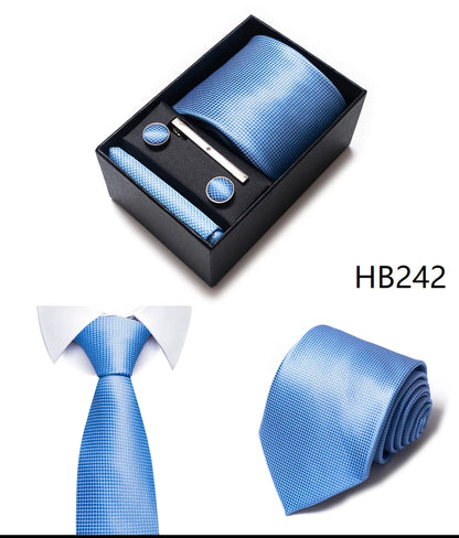 Hot Sale 8 cm Wide Tie Sets Blue Solid Men's Neck Tie Handkerchief Cufflinks Clip Box Wedding Gift Silk Handmade