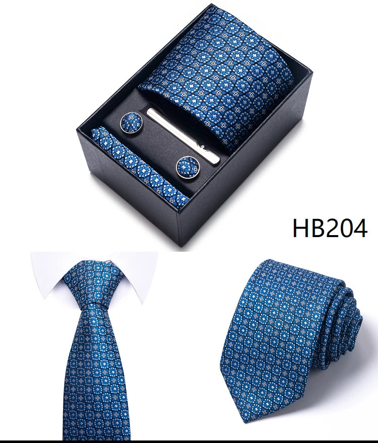 Hot Sale 8 cm Wide Tie Sets Blue Solid Men's Neck Tie Handkerchief Cufflinks Clip Box Wedding Gift Silk Handmade