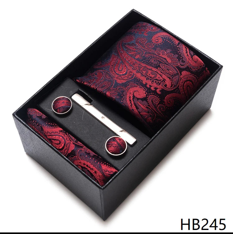 Hot Sale 8 cm Wide Tie Sets Blue Solid Men's Neck Tie Handkerchief Cufflinks Clip Box Wedding Gift Silk Handmade