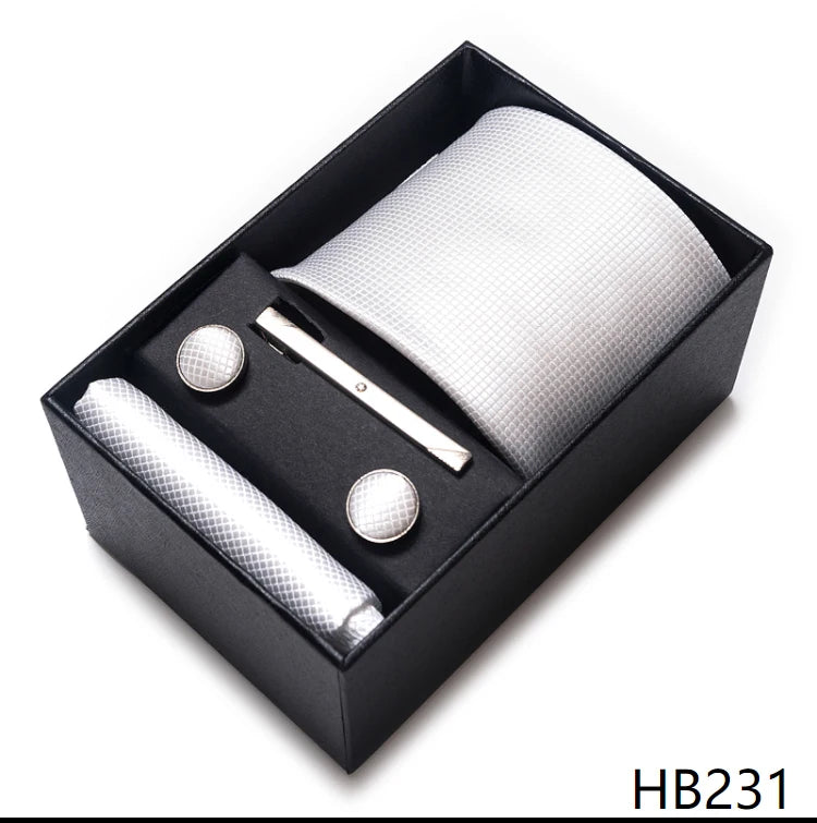 Hot Sale 8 cm Wide Tie Sets Blue Solid Men's Neck Tie Handkerchief Cufflinks Clip Box Wedding Gift Silk Handmade