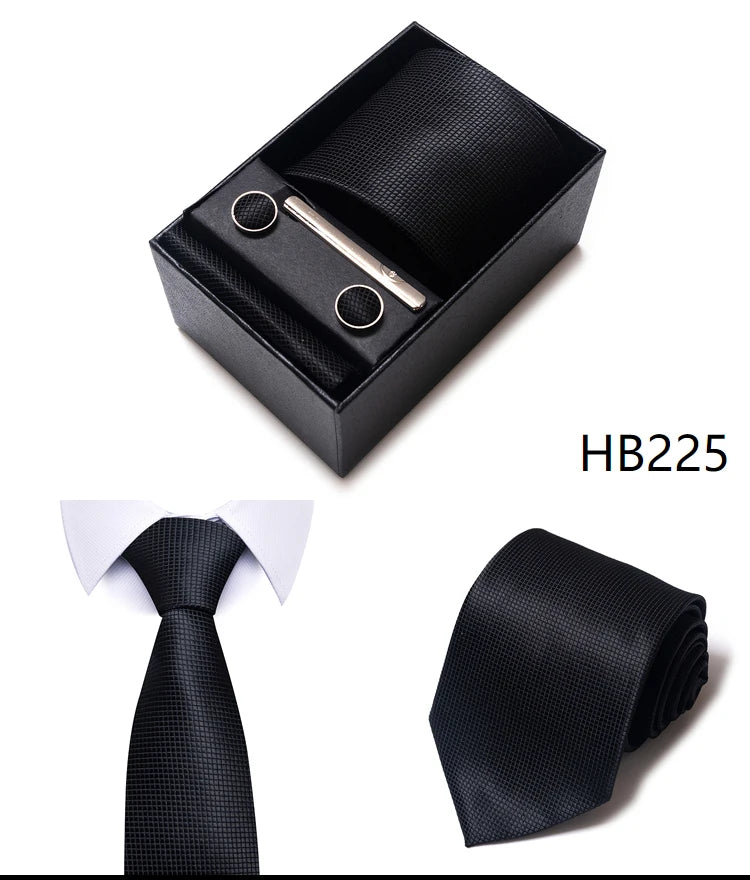 Hot Sale 8 cm Wide Tie Sets Blue Solid Men's Neck Tie Handkerchief Cufflinks Clip Box Wedding Gift Silk Handmade