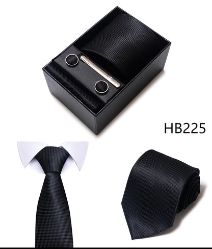 Hot Sale 8 cm Wide Tie Sets Blue Solid Men's Neck Tie Handkerchief Cufflinks Clip Box Wedding Gift Silk Handmade