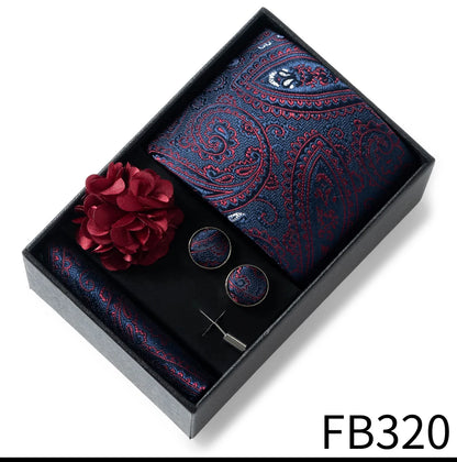 Luxurious Fashion Gift Box Men 8 cm Tie Sets Necktie Handkerchief Cufflinks Clip Brooch Set Golden Print Fit Wedding