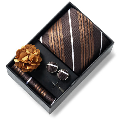Luxurious Fashion Gift Box Men 8 cm Tie Sets Necktie Handkerchief Cufflinks Clip Brooch Set Golden Print Fit Wedding