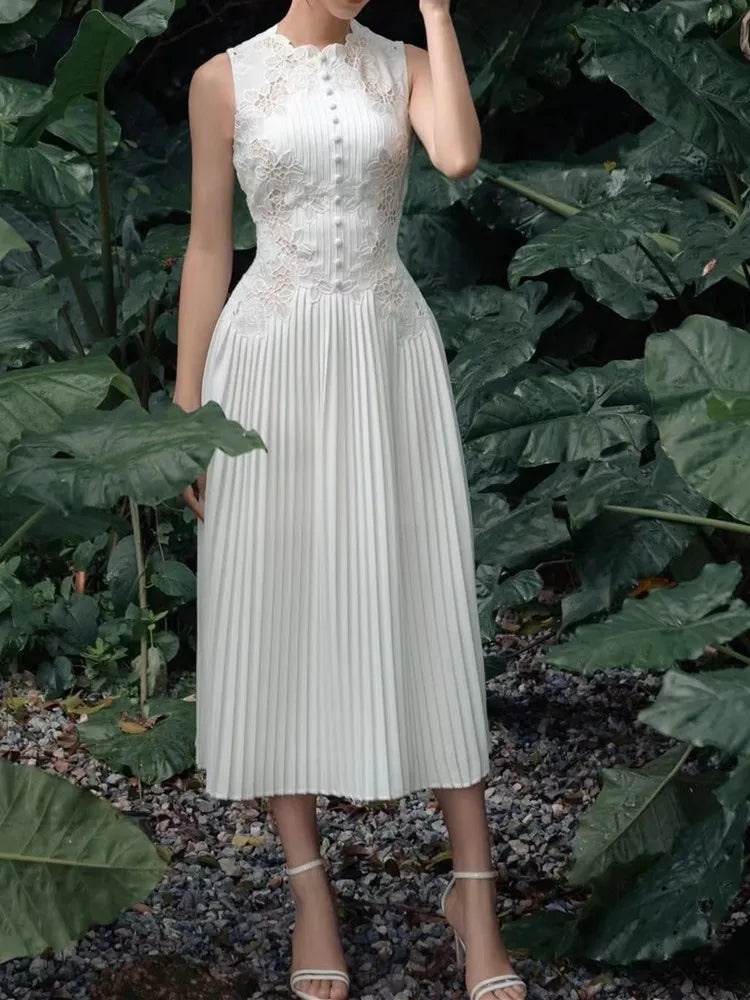 SMTHMA Women 2023 New Fashion White Sleeveless Summer Dress Ladies Lace Rose Embroidery Flower Elegant Long Dresses Vestidos