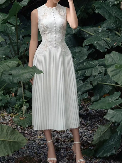 SMTHMA Women 2023 New Fashion White Sleeveless Summer Dress Ladies Lace Rose Embroidery Flower Elegant Long Dresses Vestidos