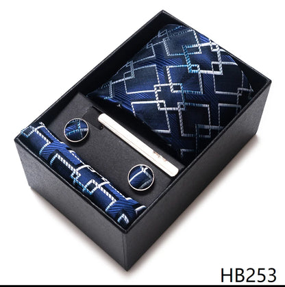 Hot Sale 8 cm Wide Tie Sets Blue Solid Men's Neck Tie Handkerchief Cufflinks Clip Box Wedding Gift Silk Handmade