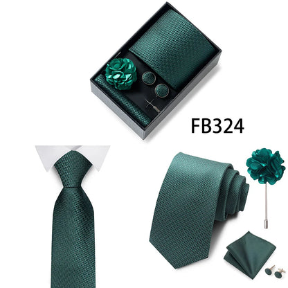 Luxurious Fashion Gift Box Men 8 cm Tie Sets Necktie Handkerchief Cufflinks Clip Brooch Set Golden Print Fit Wedding