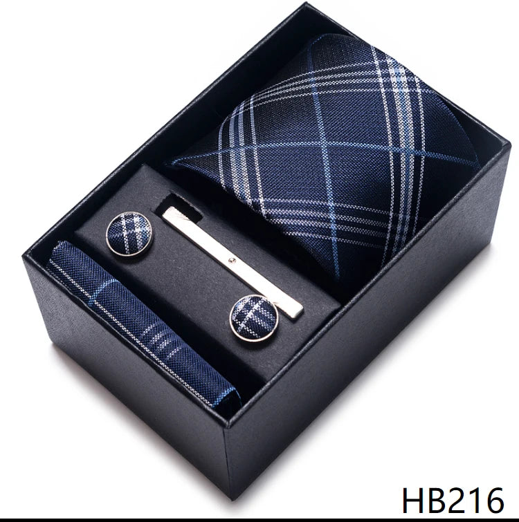 Hot Sale 8 cm Wide Tie Sets Blue Solid Men's Neck Tie Handkerchief Cufflinks Clip Box Wedding Gift Silk Handmade