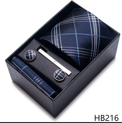 Hot Sale 8 cm Wide Tie Sets Blue Solid Men's Neck Tie Handkerchief Cufflinks Clip Box Wedding Gift Silk Handmade