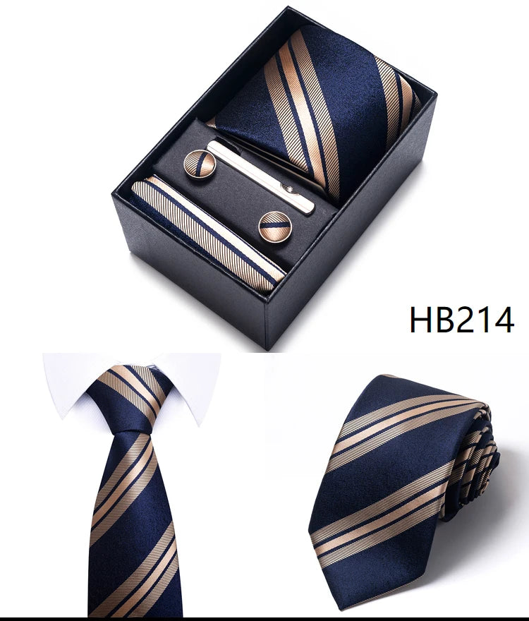 Hot Sale 8 cm Wide Tie Sets Blue Solid Men's Neck Tie Handkerchief Cufflinks Clip Box Wedding Gift Silk Handmade