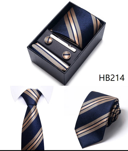 Hot Sale 8 cm Wide Tie Sets Blue Solid Men's Neck Tie Handkerchief Cufflinks Clip Box Wedding Gift Silk Handmade