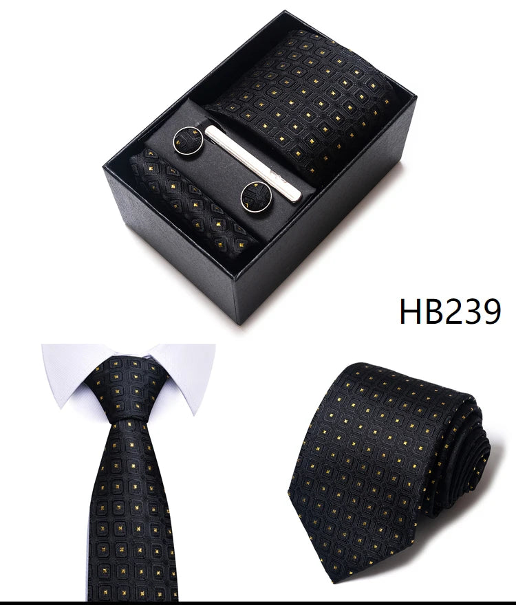 Hot Sale 8 cm Wide Tie Sets Blue Solid Men's Neck Tie Handkerchief Cufflinks Clip Box Wedding Gift Silk Handmade