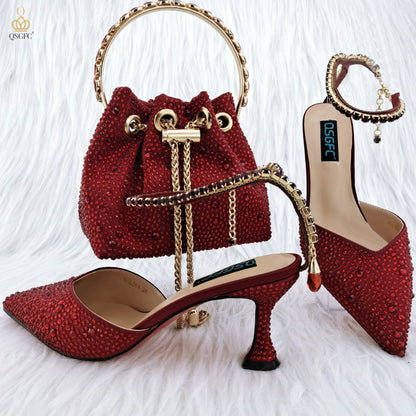 QSGFC 2023 Italian Design Luxury Women's Pointed Shoes And Bag Set Full Diamond Decoration Metal Closure Shoes for Party