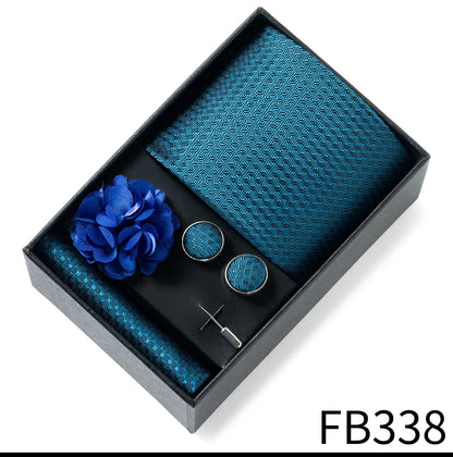 Luxurious Fashion Gift Box Men 8 cm Tie Sets Necktie Handkerchief Cufflinks Clip Brooch Set Golden Print Fit Wedding