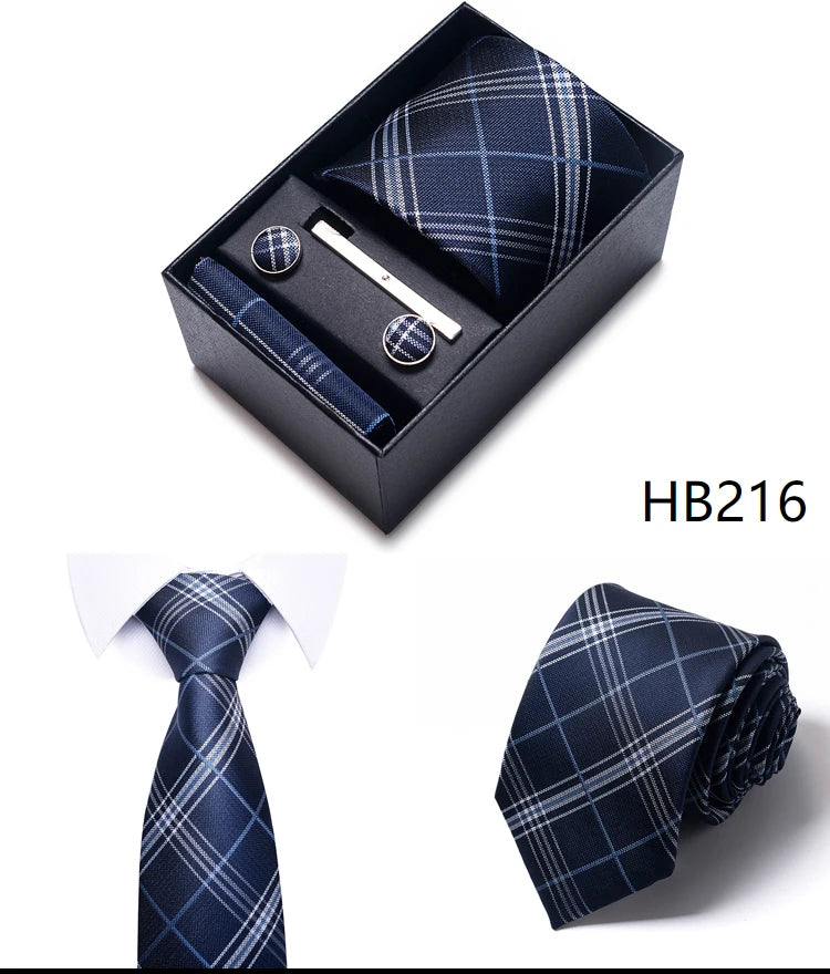 Hot Sale 8 cm Wide Tie Sets Blue Solid Men's Neck Tie Handkerchief Cufflinks Clip Box Wedding Gift Silk Handmade