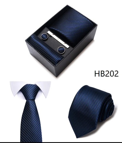 Hot Sale 8 cm Wide Tie Sets Blue Solid Men's Neck Tie Handkerchief Cufflinks Clip Box Wedding Gift Silk Handmade