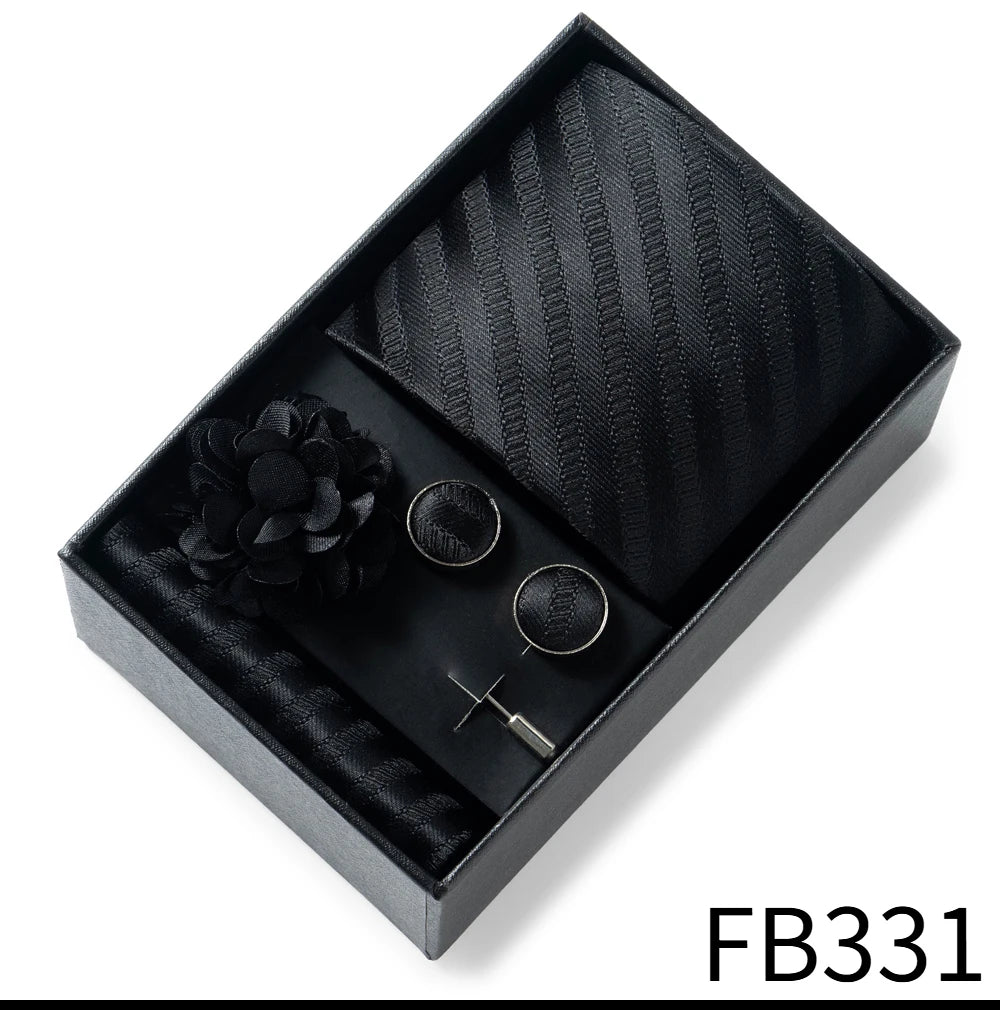 Luxurious Fashion Gift Box Men 8 cm Tie Sets Necktie Handkerchief Cufflinks Clip Brooch Set Golden Print Fit Wedding