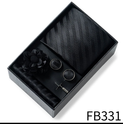 Luxurious Fashion Gift Box Men 8 cm Tie Sets Necktie Handkerchief Cufflinks Clip Brooch Set Golden Print Fit Wedding