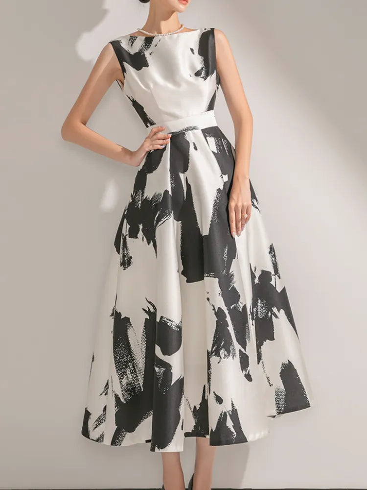New Summer Casual Elegant Print Midi Party Dress Women Sleeveless Vintage A-Line Beach Maxi Retro Sundress Female Vestidos