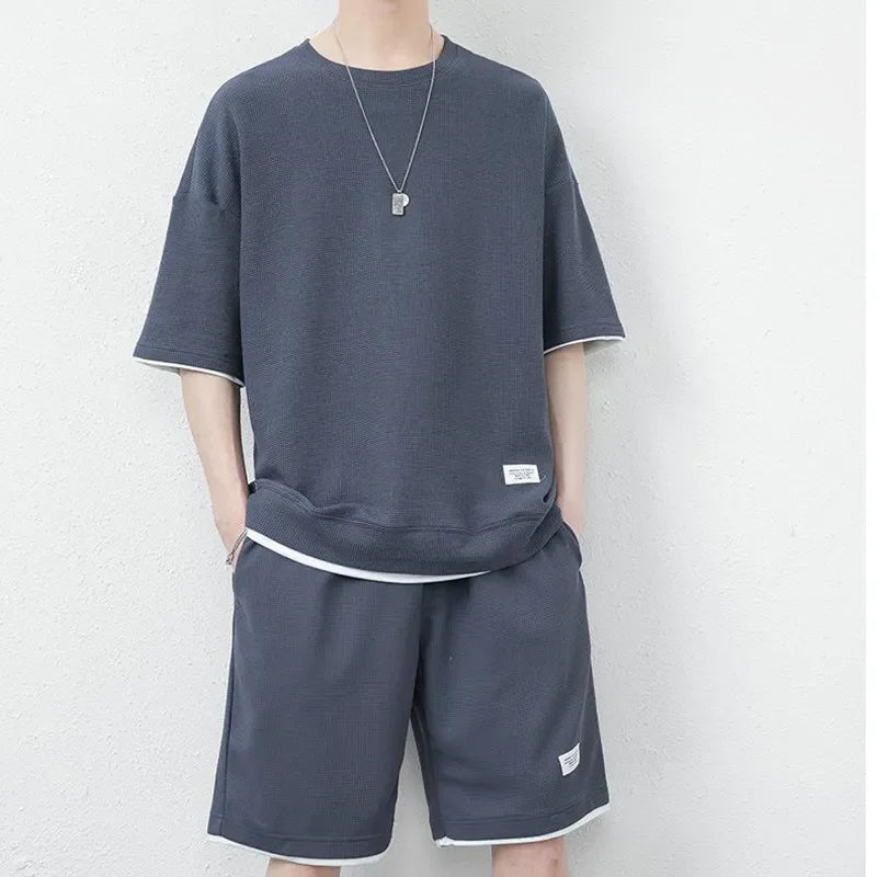 2024 New Summer Waffle Pattern Suit Men's Outdoor Harajuku Loose Fake Two Sleeve Shorts Sportswear Fashion XL-XXXL