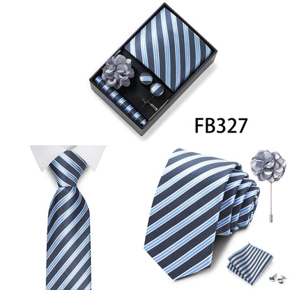 Luxurious Fashion Gift Box Men 8 cm Tie Sets Necktie Handkerchief Cufflinks Clip Brooch Set Golden Print Fit Wedding