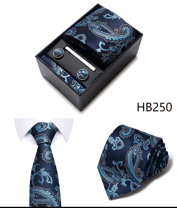 Hot Sale 8 cm Wide Tie Sets Blue Solid Men's Neck Tie Handkerchief Cufflinks Clip Box Wedding Gift Silk Handmade
