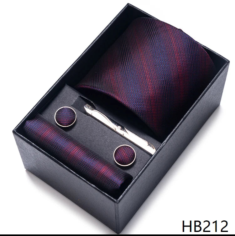 Hot Sale 8 cm Wide Tie Sets Blue Solid Men's Neck Tie Handkerchief Cufflinks Clip Box Wedding Gift Silk Handmade