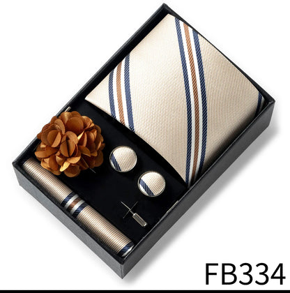 Luxurious Fashion Gift Box Men 8 cm Tie Sets Necktie Handkerchief Cufflinks Clip Brooch Set Golden Print Fit Wedding