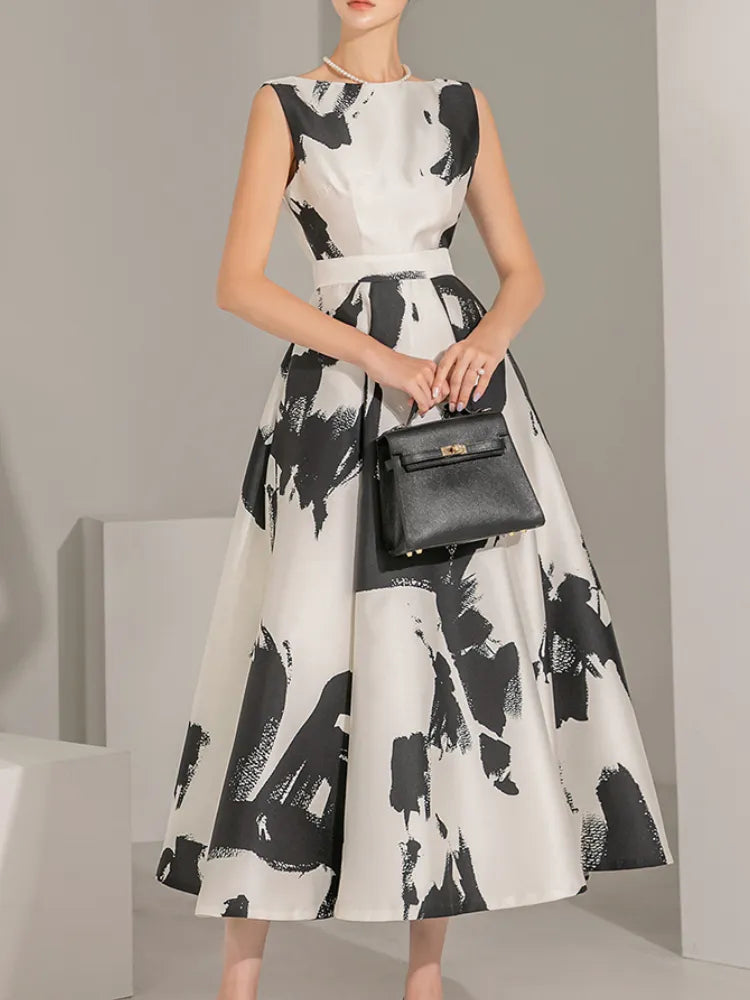 New Summer Casual Elegant Print Midi Party Dress Women Sleeveless Vintage A-Line Beach Maxi Retro Sundress Female Vestidos
