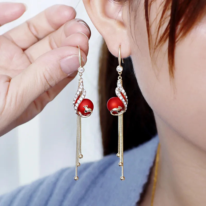 Elegant Fashion Peacock Full Rhinestone Tassel Pendant Earrings for Women Fairy Red Simulated-pearl Earrings Pendientes Mujer