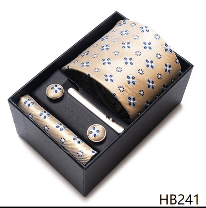 Hot Sale 8 cm Wide Tie Sets Blue Solid Men's Neck Tie Handkerchief Cufflinks Clip Box Wedding Gift Silk Handmade
