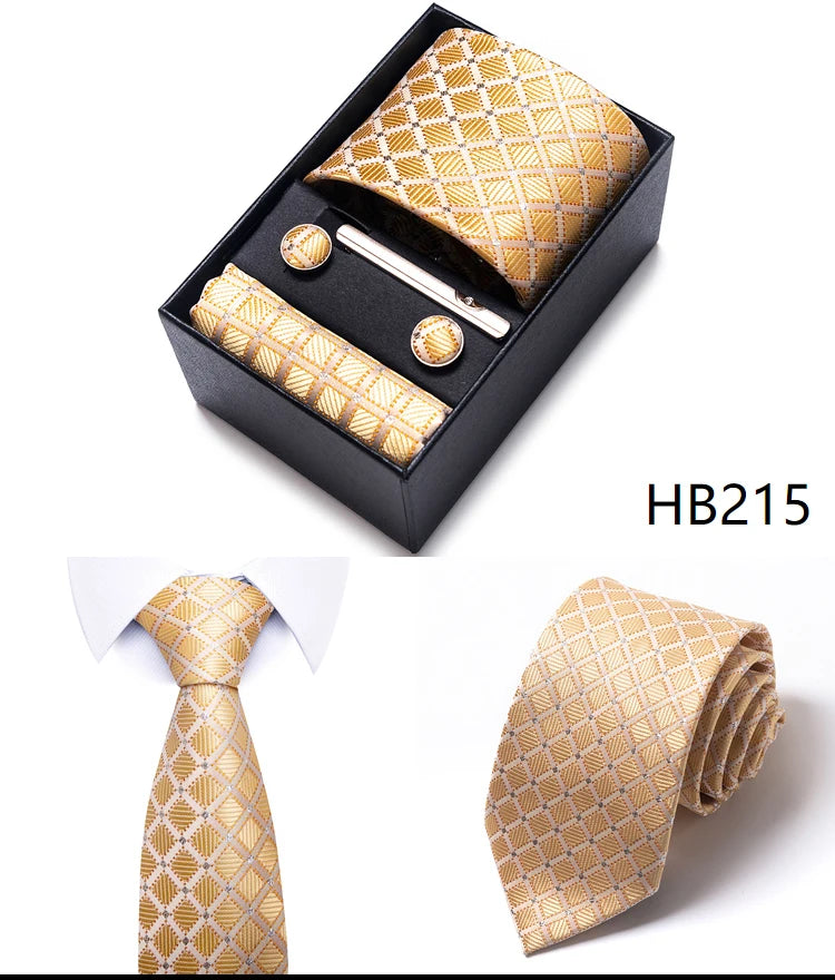 Hot Sale 8 cm Wide Tie Sets Blue Solid Men's Neck Tie Handkerchief Cufflinks Clip Box Wedding Gift Silk Handmade