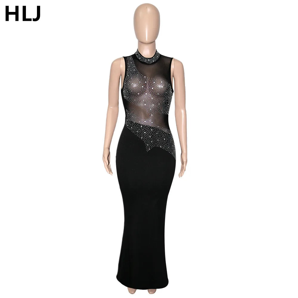 Sexy Luxury Rhinestone Mesh Patchwork Evening Party Dresses Women Round Neck Sleeveless Bodycon Vestidos Female Clothing New
