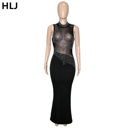 Sexy Luxury Rhinestone Mesh Patchwork Evening Party Dresses Women Round Neck Sleeveless Bodycon Vestidos Female Clothing New