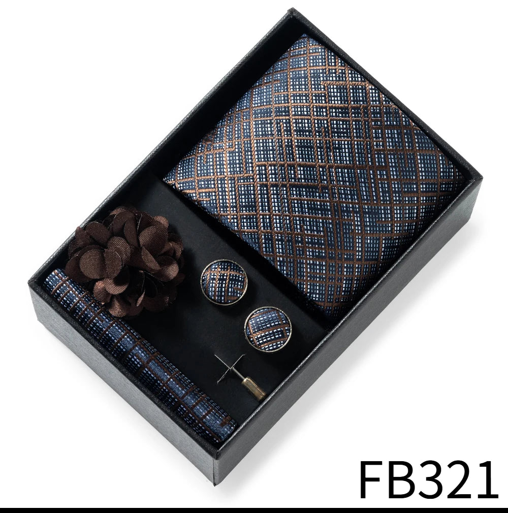 Luxurious Fashion Gift Box Men 8 cm Tie Sets Necktie Handkerchief Cufflinks Clip Brooch Set Golden Print Fit Wedding