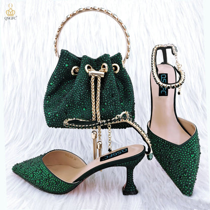 QSGFC 2023 Italian Design Luxury Women's Pointed Shoes And Bag Set Full Diamond Decoration Metal Closure Shoes for Party