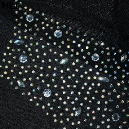 Sexy Luxury Rhinestone Mesh Patchwork Evening Party Dresses Women Round Neck Sleeveless Bodycon Vestidos Female Clothing New