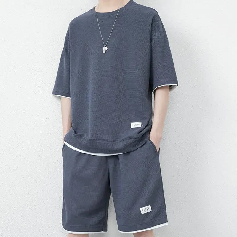 2024 New Summer Waffle Pattern Suit Men's Outdoor Harajuku Loose Fake Two Sleeve Shorts Sportswear Fashion XL-XXXL