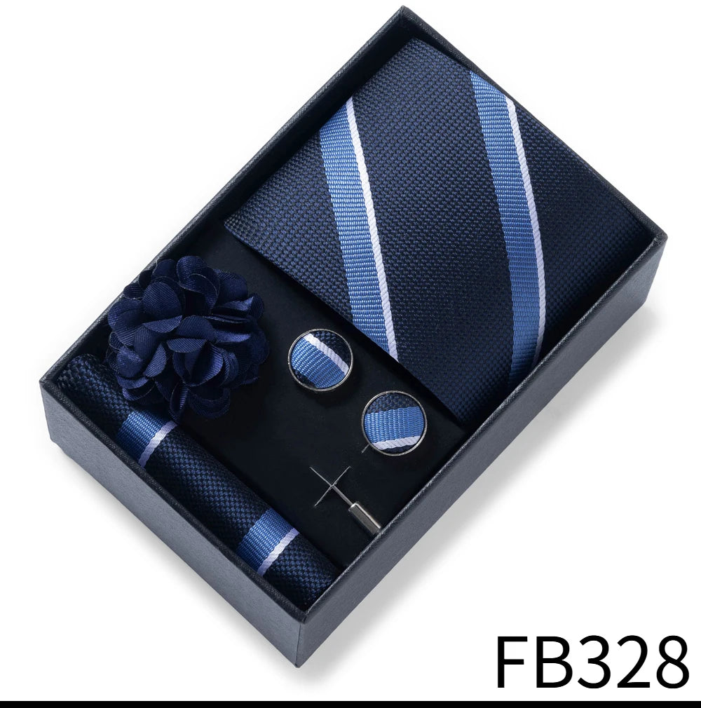Luxurious Fashion Gift Box Men 8 cm Tie Sets Necktie Handkerchief Cufflinks Clip Brooch Set Golden Print Fit Wedding