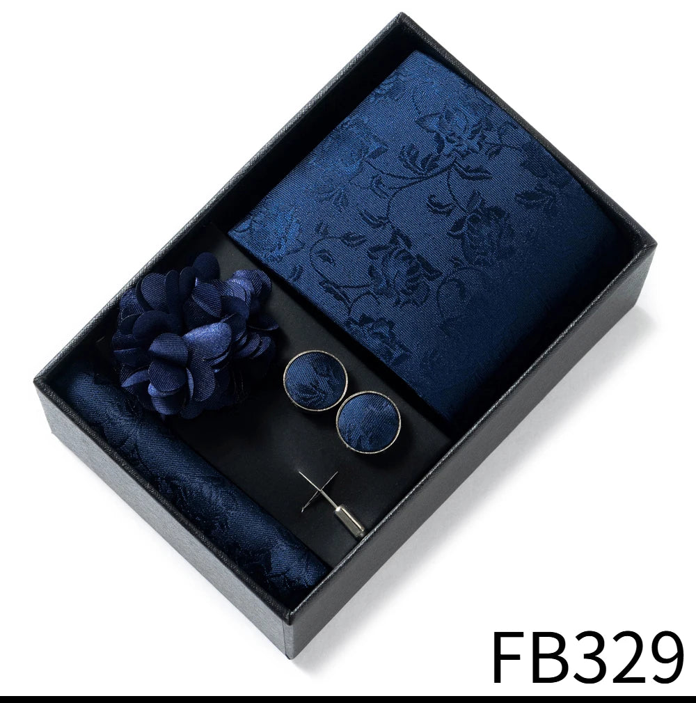 Luxurious Fashion Gift Box Men 8 cm Tie Sets Necktie Handkerchief Cufflinks Clip Brooch Set Golden Print Fit Wedding