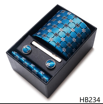 Hot Sale 8 cm Wide Tie Sets Blue Solid Men's Neck Tie Handkerchief Cufflinks Clip Box Wedding Gift Silk Handmade