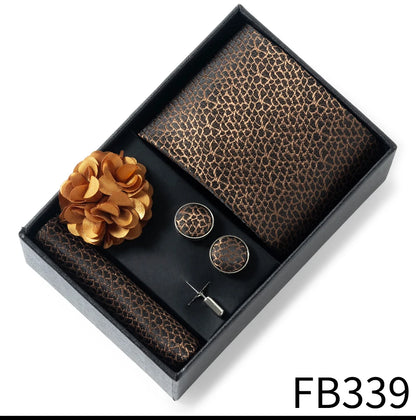 Luxurious Fashion Gift Box Men 8 cm Tie Sets Necktie Handkerchief Cufflinks Clip Brooch Set Golden Print Fit Wedding