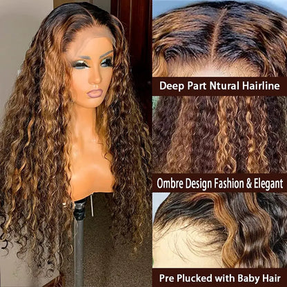 Human Hair Wig For Women Brown Highlights Lace Wig Remy Brazilian Hair Wigs 13X1 Water Wave Woman  T Part Lace Wigs