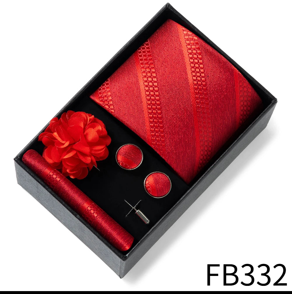 Luxurious Fashion Gift Box Men 8 cm Tie Sets Necktie Handkerchief Cufflinks Clip Brooch Set Golden Print Fit Wedding